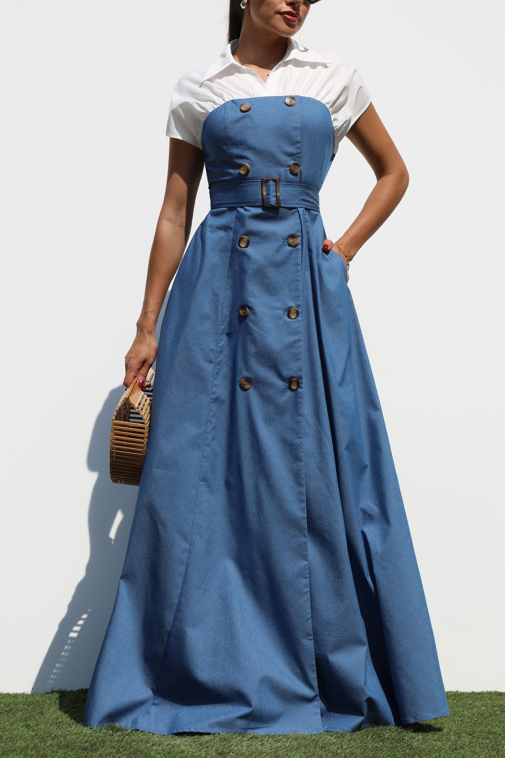 DD7325, DOUBLE BUTTON WOVEN MAXI DRESS