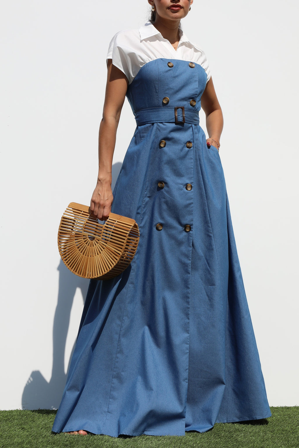DD7325, DOUBLE BUTTON WOVEN MAXI DRESS