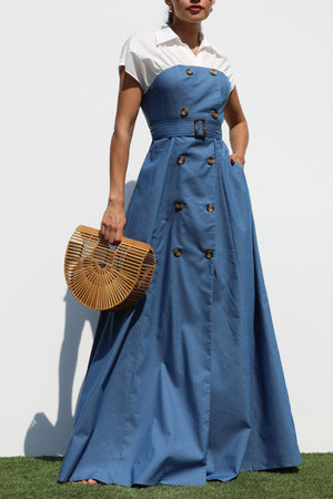 DD7325, DOUBLE BUTTON WOVEN MAXI DRESS
