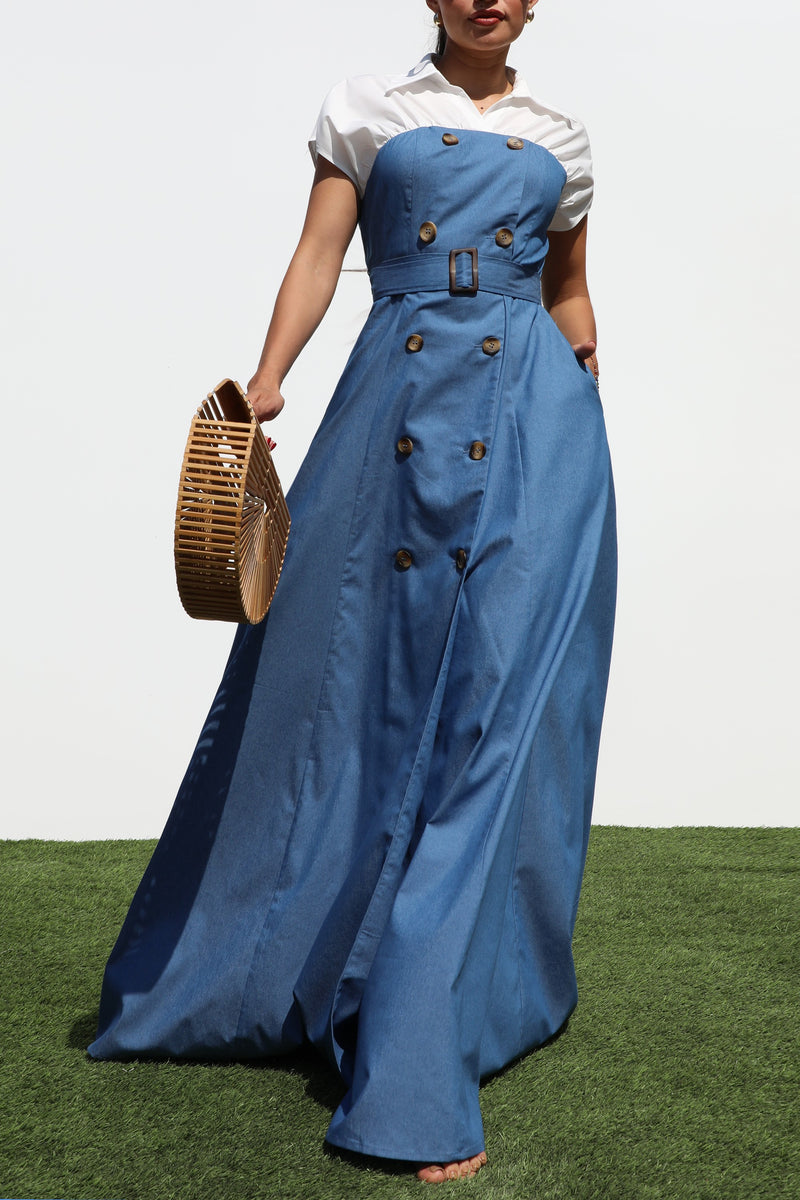 DD7325, DOUBLE BUTTON WOVEN MAXI DRESS