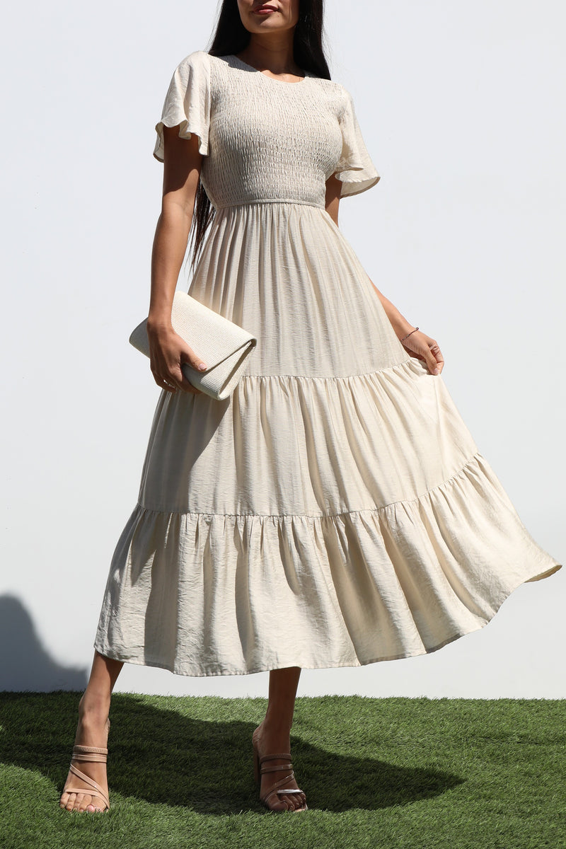 DD7247, SMOCKED TOP MIDI DRESS