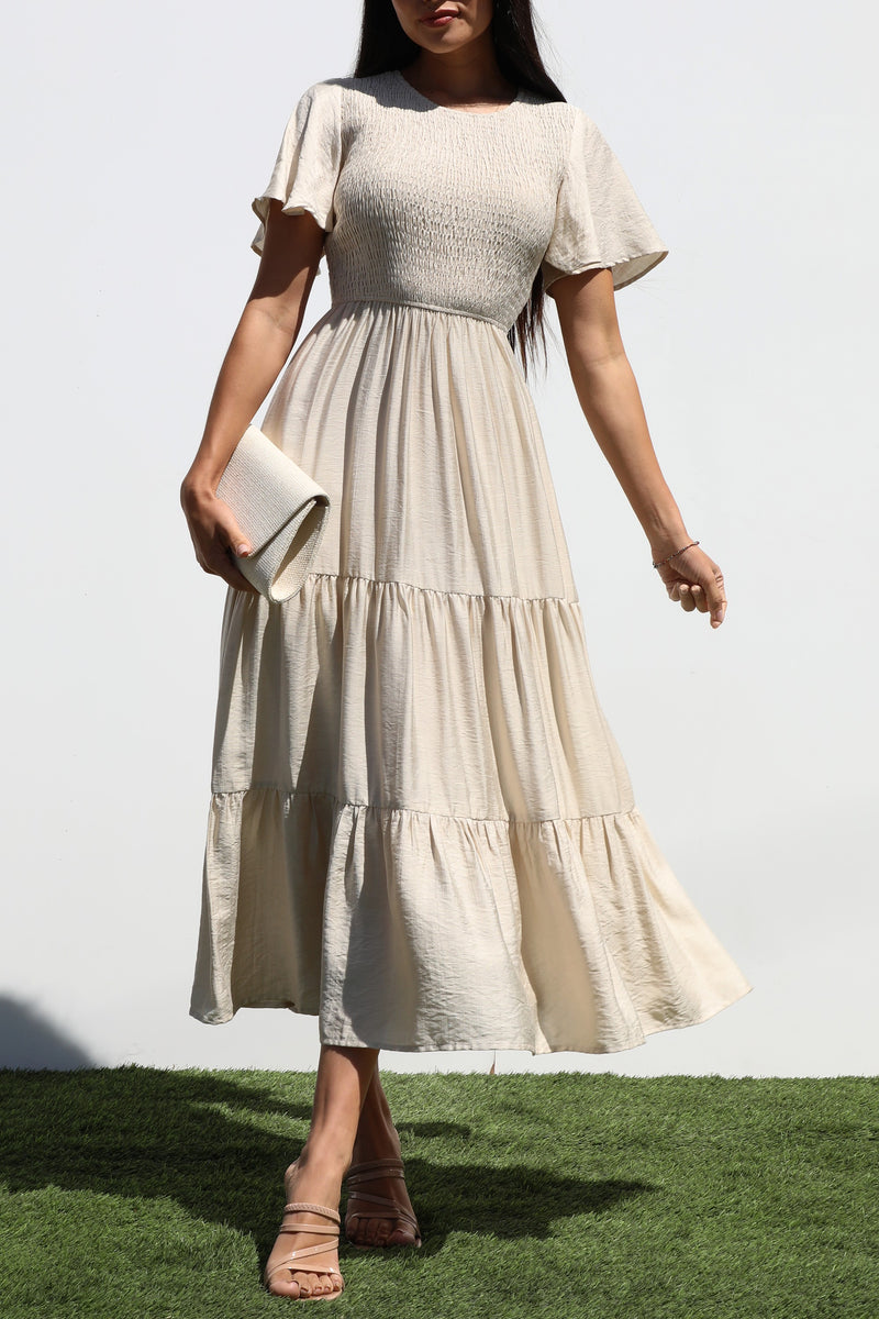 DD7247, SMOCKED TOP MIDI DRESS