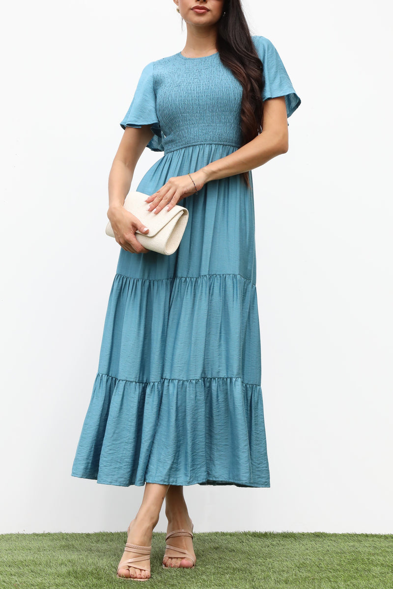DD7247, SMOCKED TOP MIDI DRESS
