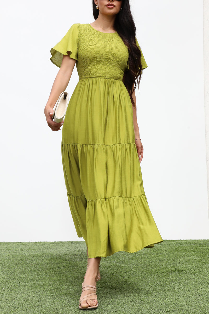 DD7247, SMOCKED TOP MIDI DRESS