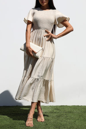 DD7247, SMOCKED TOP MIDI DRESS