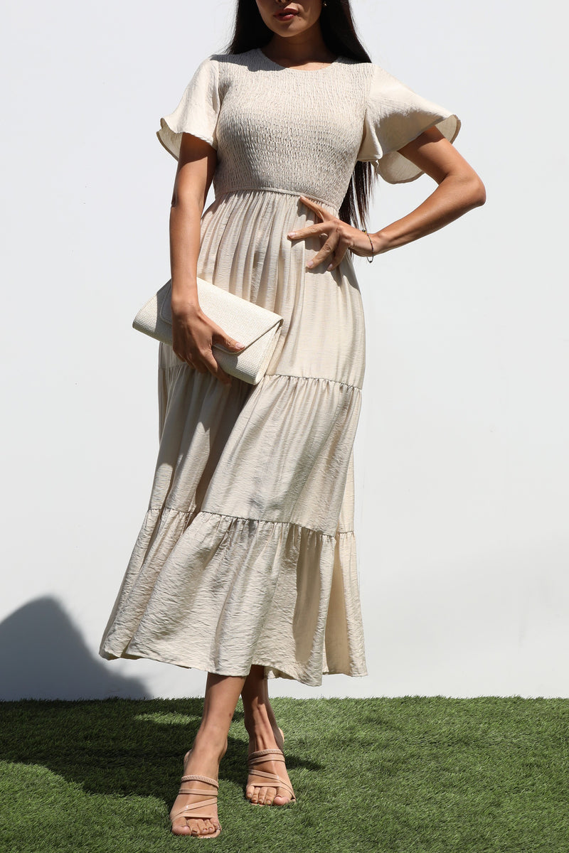 DD7247, SMOCKED TOP MIDI DRESS
