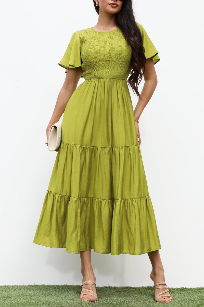 DD7247, SMOCKED TOP MIDI DRESS