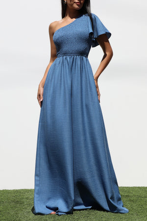 DD7265, ONE SHOULDER SMOCKED TOP WOVEN JUMPSUIT