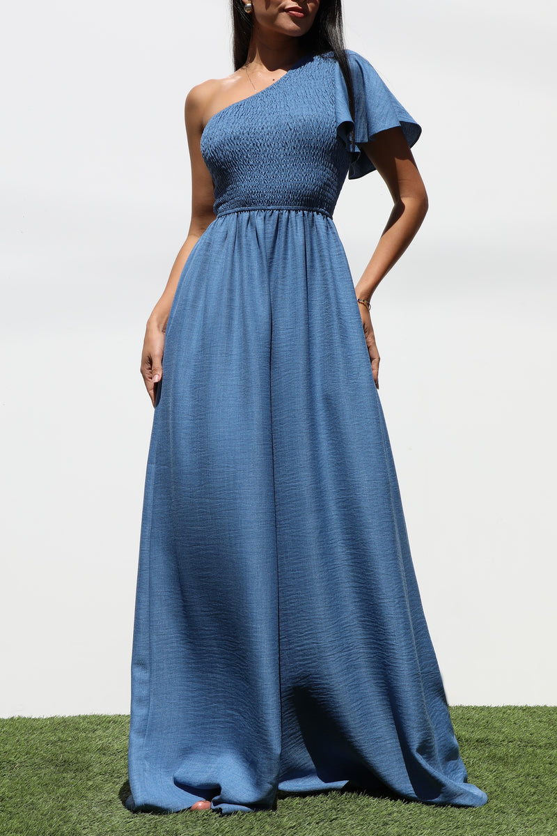 DD7265, ONE SHOULDER SMOCKED TOP WOVEN JUMPSUIT