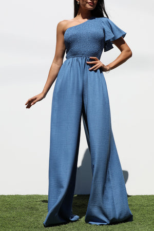 DD7265, ONE SHOULDER SMOCKED TOP WOVEN JUMPSUIT