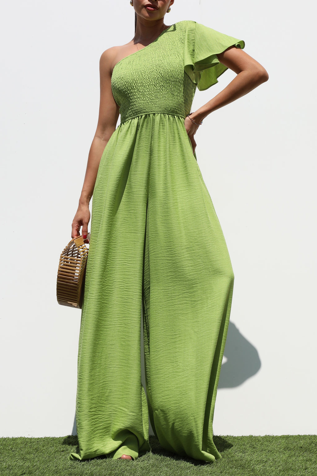 DD7265, ONE SHOULDER SMOCKED TOP WOVEN JUMPSUIT