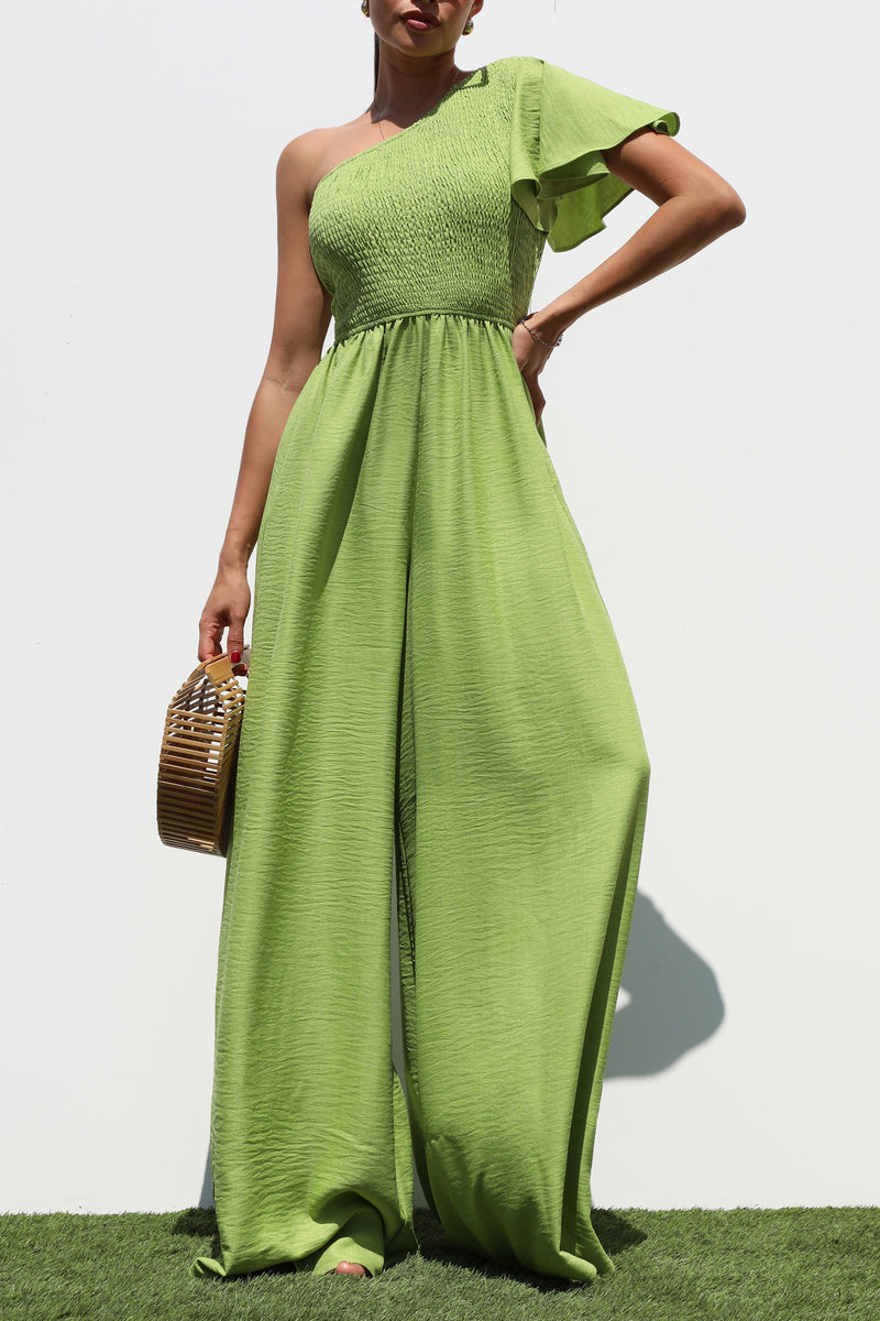 DD7265, ONE SHOULDER SMOCKED TOP WOVEN JUMPSUIT
