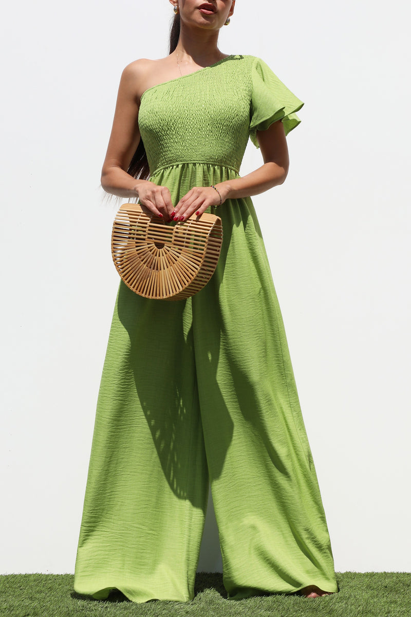 DD7265, ONE SHOULDER SMOCKED TOP WOVEN JUMPSUIT