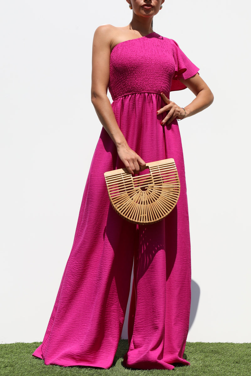 DD7265, ONE SHOULDER SMOCKED TOP WOVEN JUMPSUIT