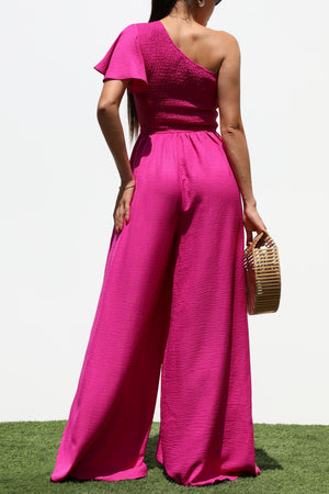 DD7265, ONE SHOULDER SMOCKED TOP WOVEN JUMPSUIT