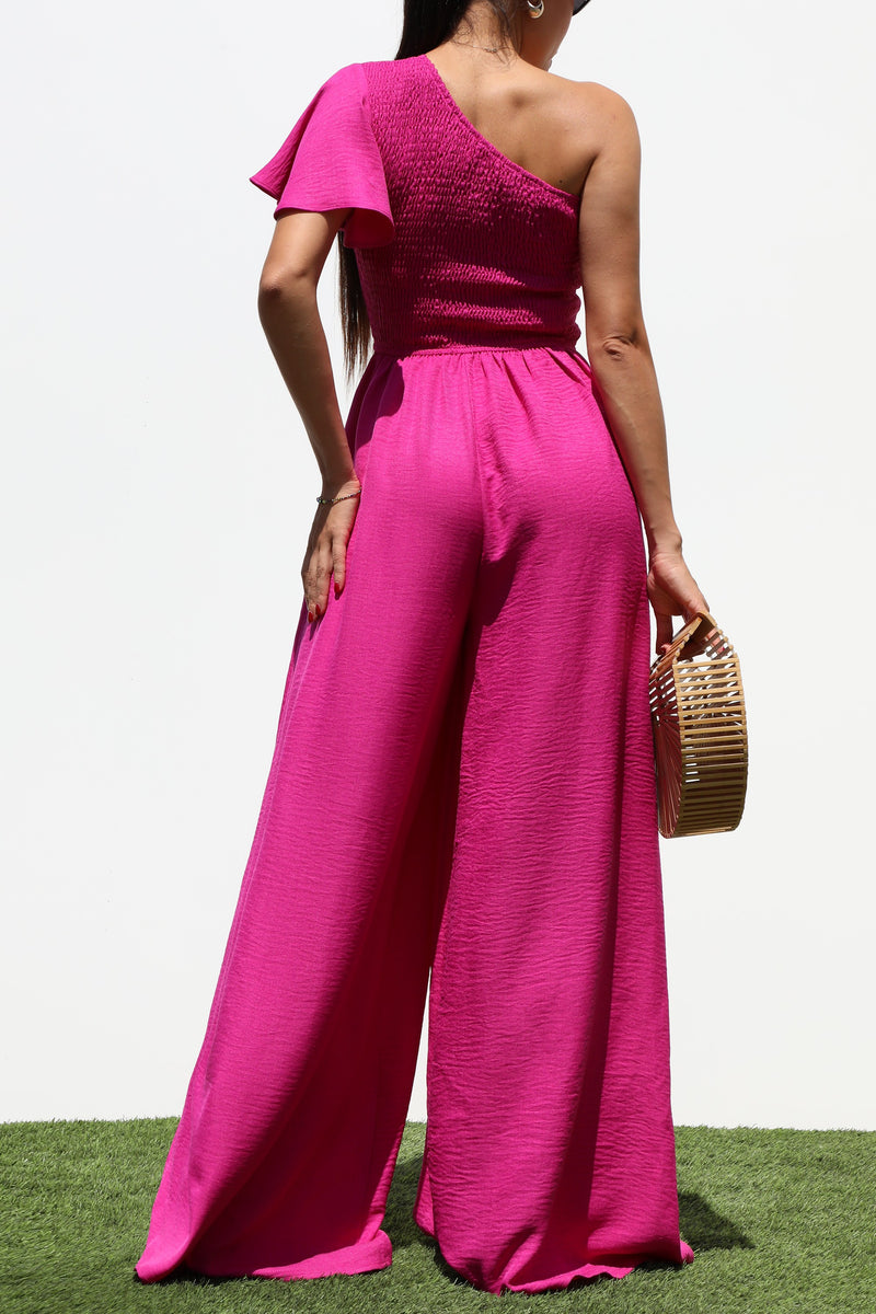 DD7265, ONE SHOULDER SMOCKED TOP WOVEN JUMPSUIT