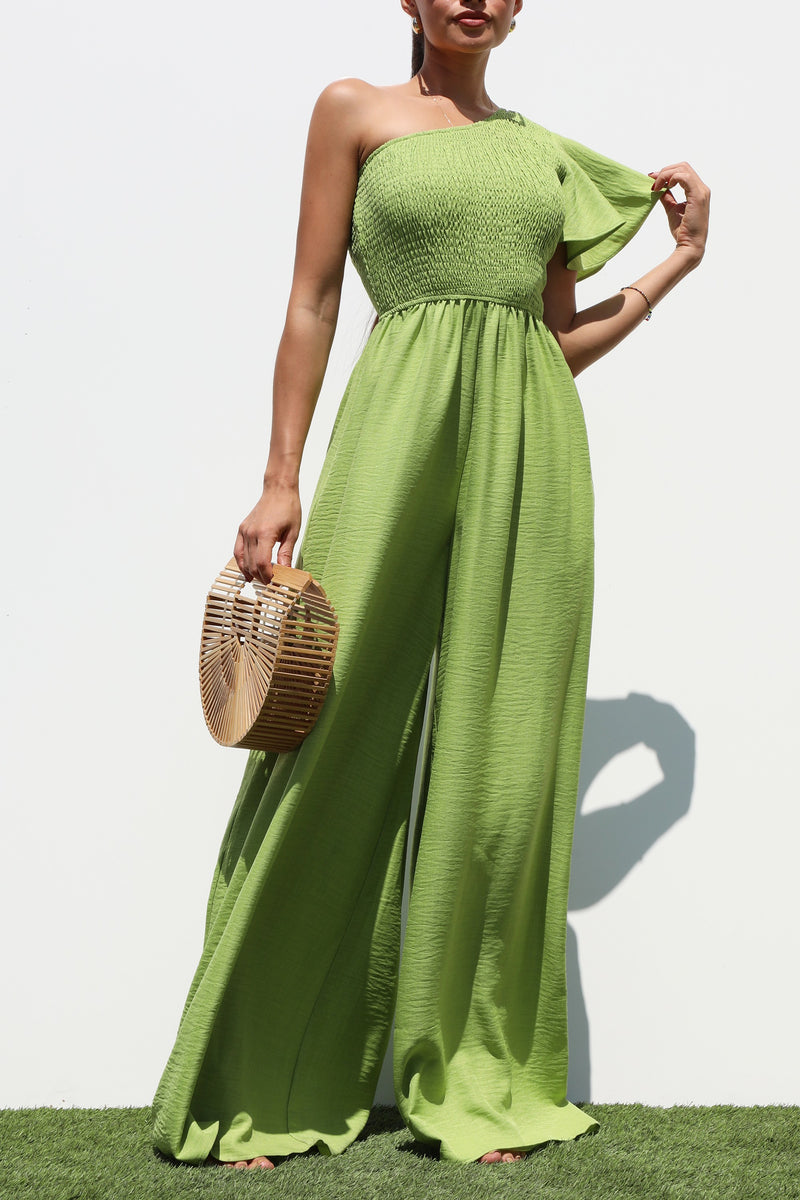 DD7265, ONE SHOULDER SMOCKED TOP WOVEN JUMPSUIT