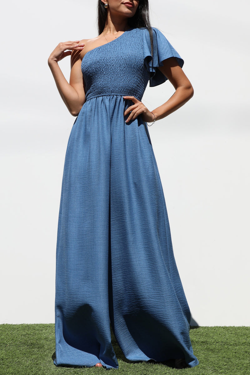 DD7265, ONE SHOULDER SMOCKED TOP WOVEN JUMPSUIT
