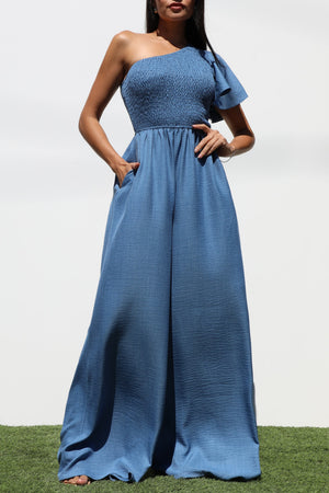 DD7265, ONE SHOULDER SMOCKED TOP WOVEN JUMPSUIT