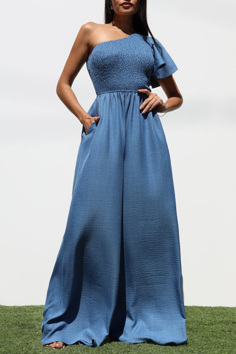 DD7265, ONE SHOULDER SMOCKED TOP WOVEN JUMPSUIT