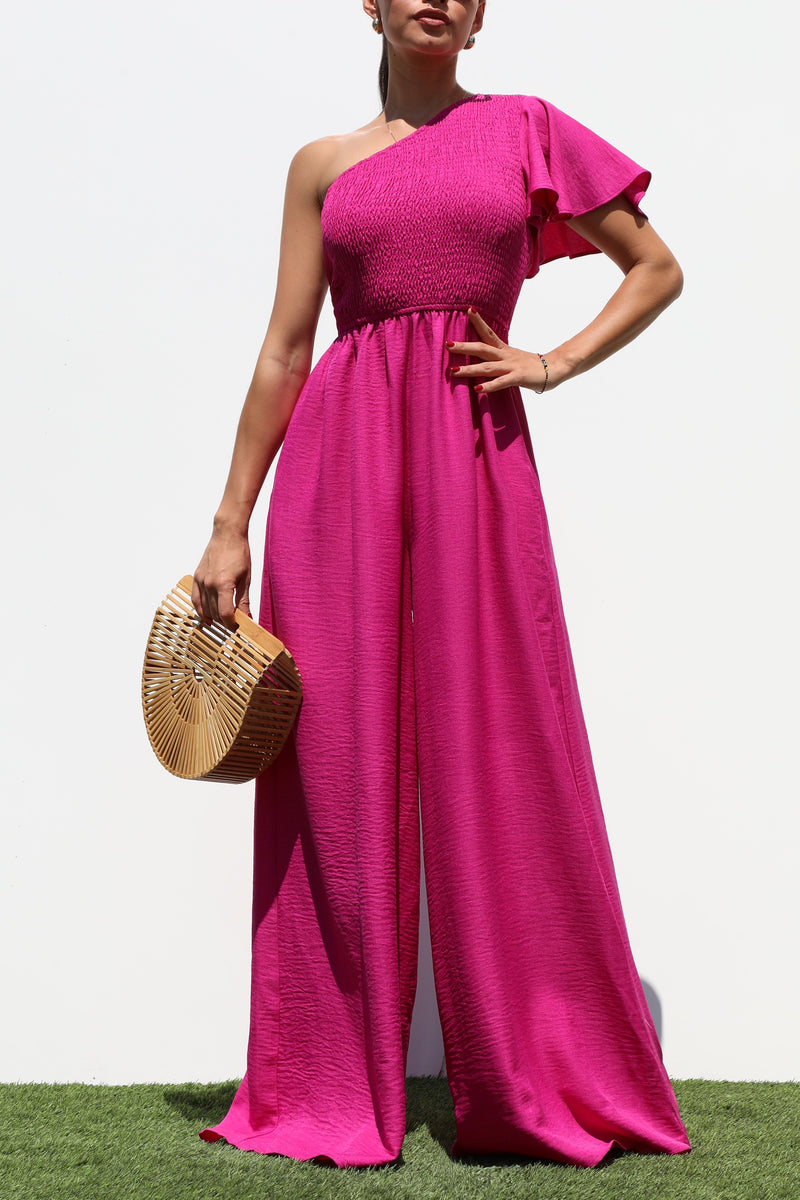 DD7265, ONE SHOULDER SMOCKED TOP WOVEN JUMPSUIT