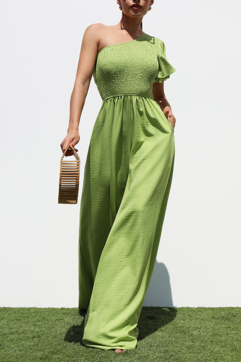 DD7265, ONE SHOULDER SMOCKED TOP WOVEN JUMPSUIT