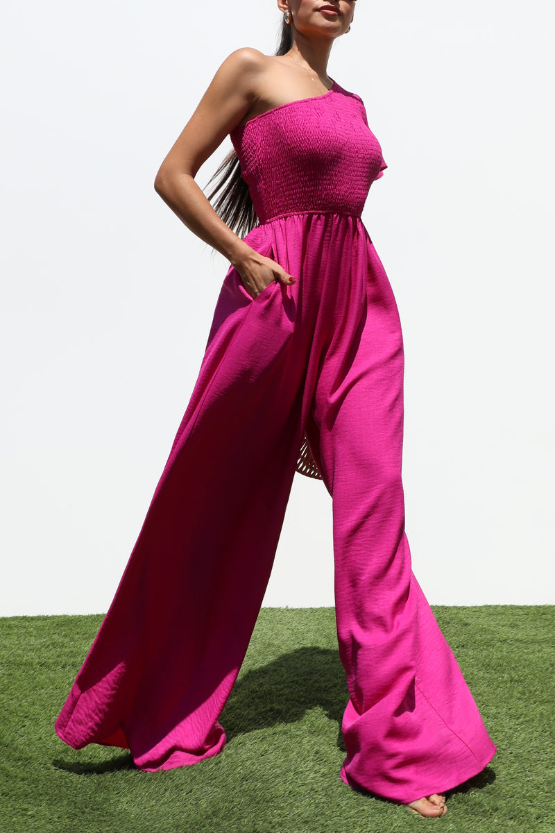 DD7265, ONE SHOULDER SMOCKED TOP WOVEN JUMPSUIT
