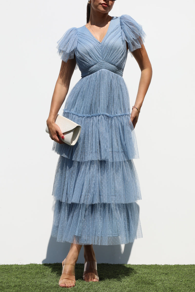 DD7306, RUFFLED MESH MIDI DRESS