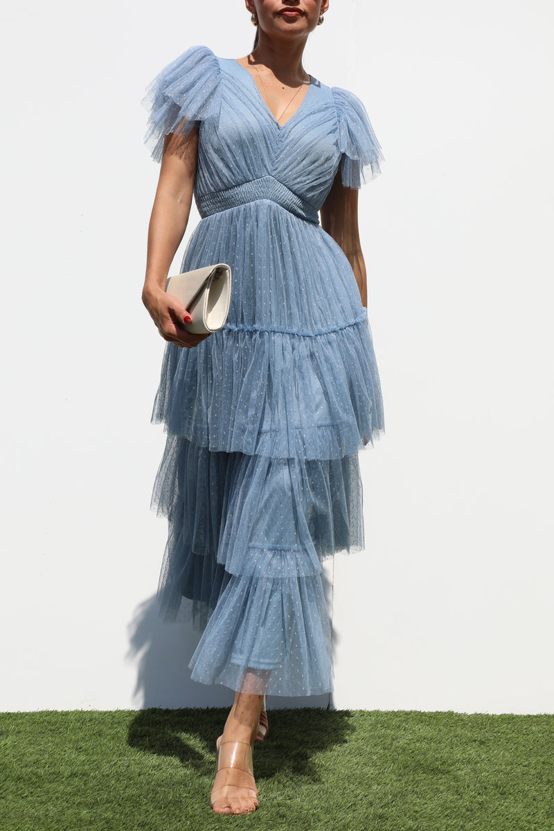 DD7306, RUFFLED MESH MIDI DRESS