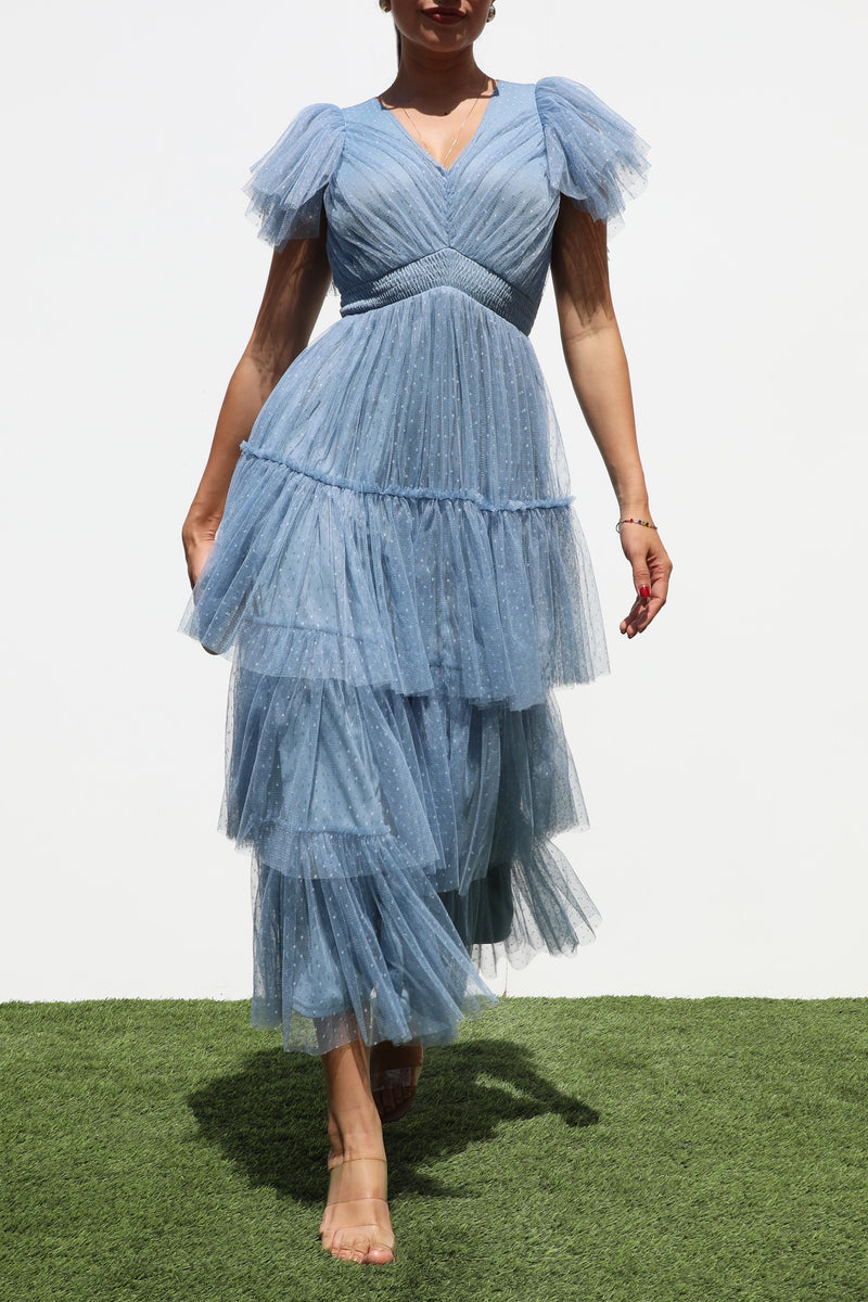 DD7306, RUFFLED MESH MIDI DRESS