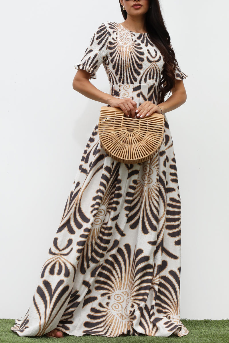 DD7334, SMOCKED TOP WOVEN MAXI DRESS