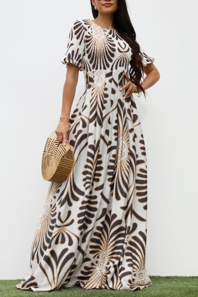 DD7334, SMOCKED TOP WOVEN MAXI DRESS