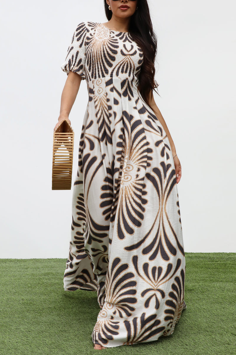 DD7334, SMOCKED TOP WOVEN MAXI DRESS