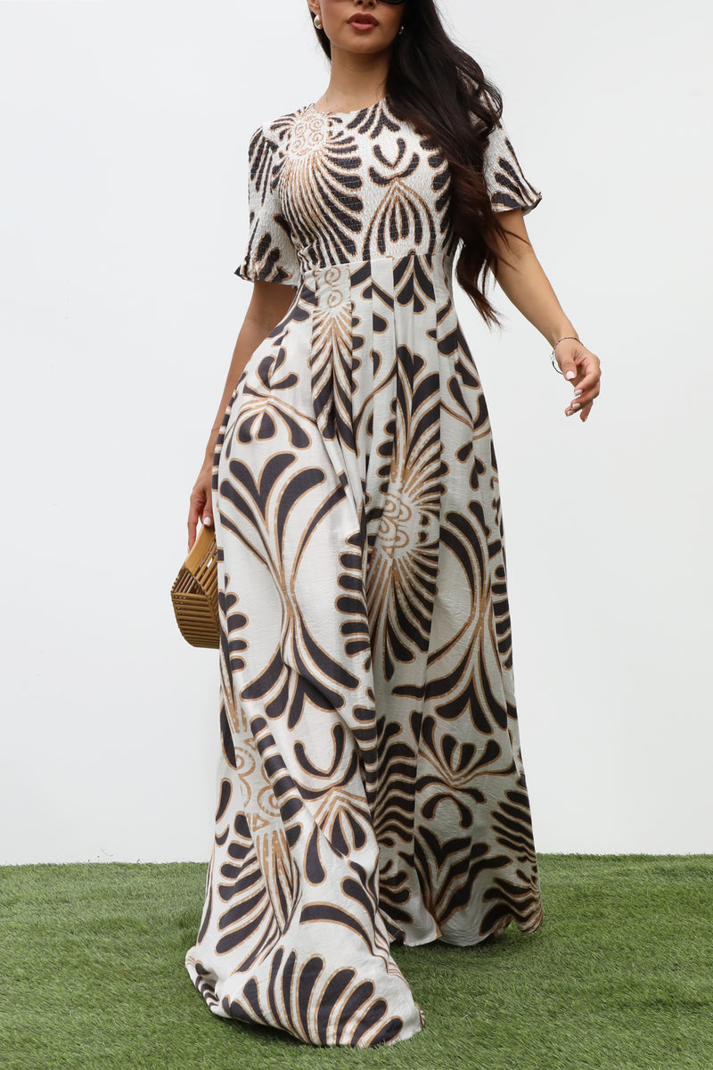 DD7334, SMOCKED TOP WOVEN MAXI DRESS