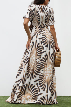 DD7334, SMOCKED TOP WOVEN MAXI DRESS