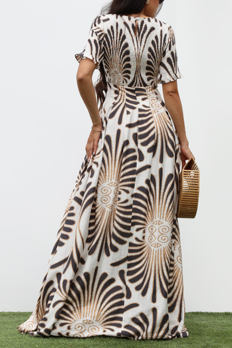 DD7334, SMOCKED TOP WOVEN MAXI DRESS
