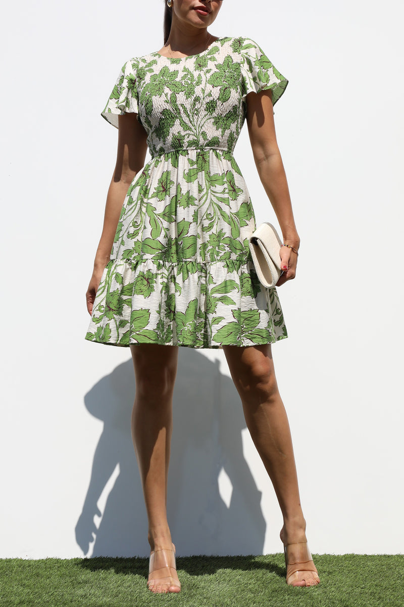 DD7319, SMOCKED TOP WOVEN MINI DRESS