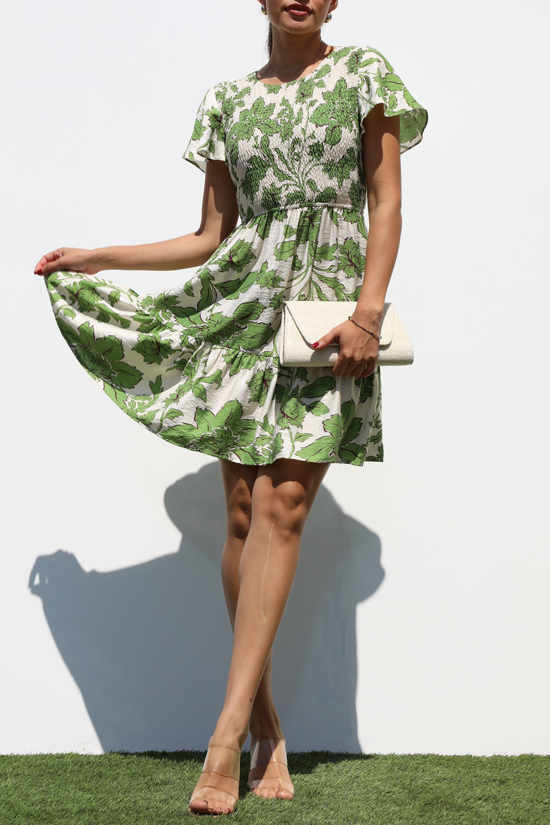 DD7319, SMOCKED TOP WOVEN MINI DRESS
