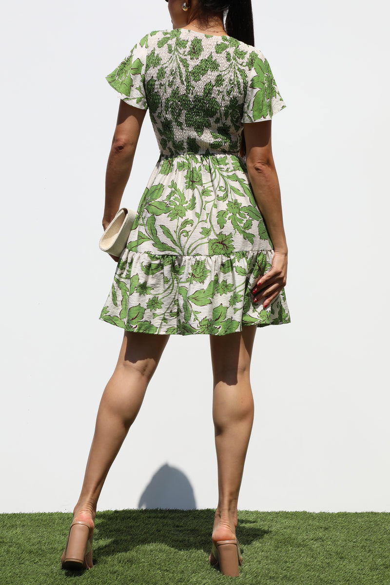 DD7319, SMOCKED TOP WOVEN MINI DRESS