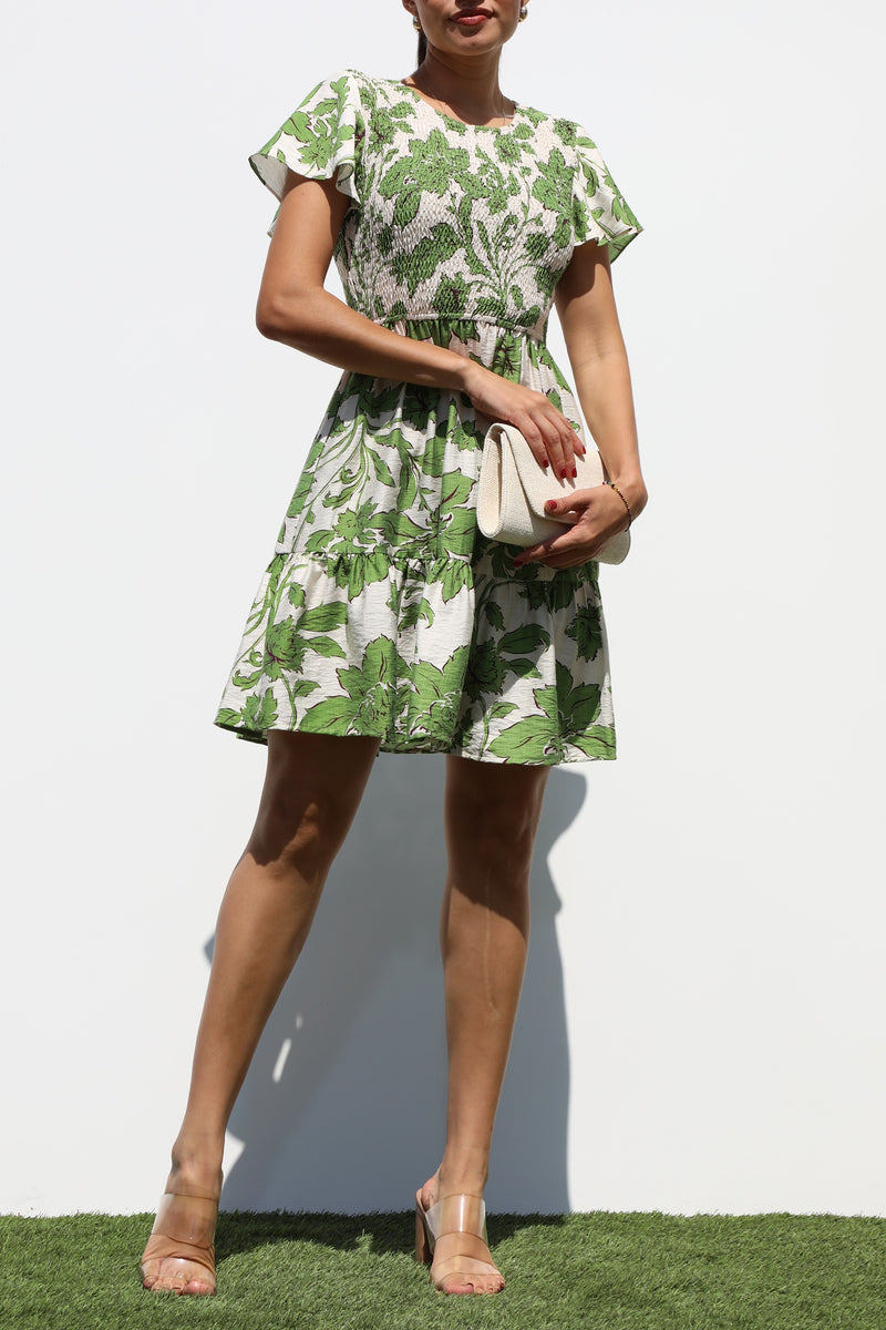 DD7319, SMOCKED TOP WOVEN MINI DRESS