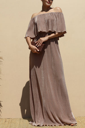 DD1658, PLEATED OFF SHOULDER MAXI DRESS