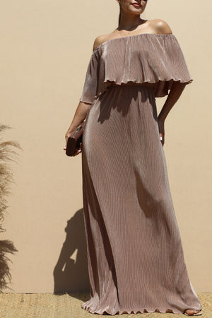 DD1658, PLEATED OFF SHOULDER MAXI DRESS