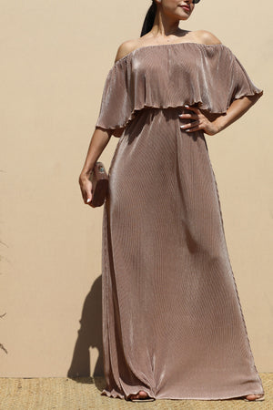 DD1658, PLEATED OFF SHOULDER MAXI DRESS