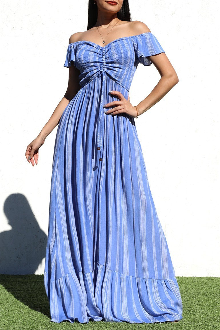 DD7110, STRIPED OFF SHOULDER WOVEN MAXI DRESS