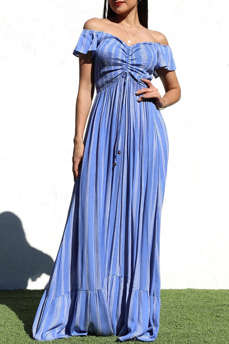 DD7110, STRIPED OFF SHOULDER WOVEN MAXI DRESS