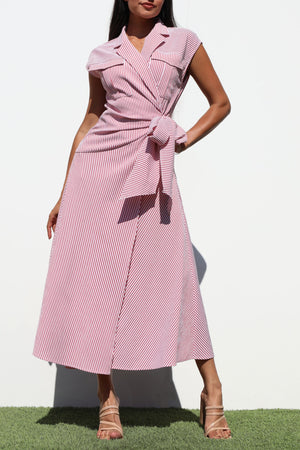 DD8246, STRIPED WRAP SHIRT MIDI DRESS