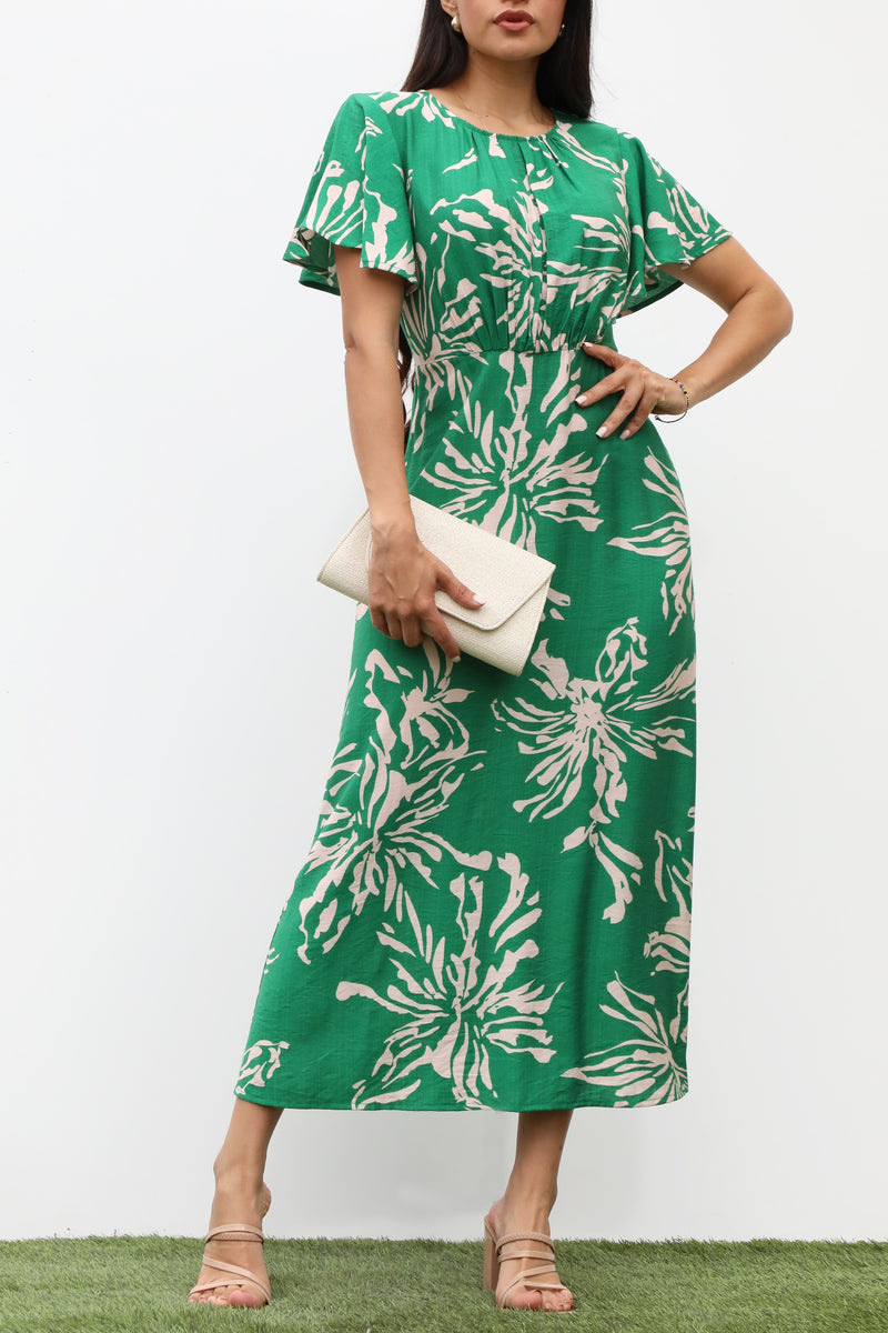 DD7323, RUCHED NECK WOVEN MIDI DRESS