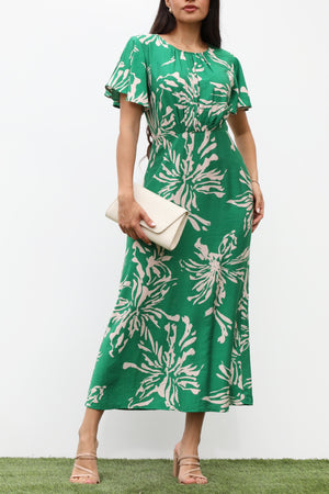 DD7323, RUCHED NECK WOVEN MIDI DRESS