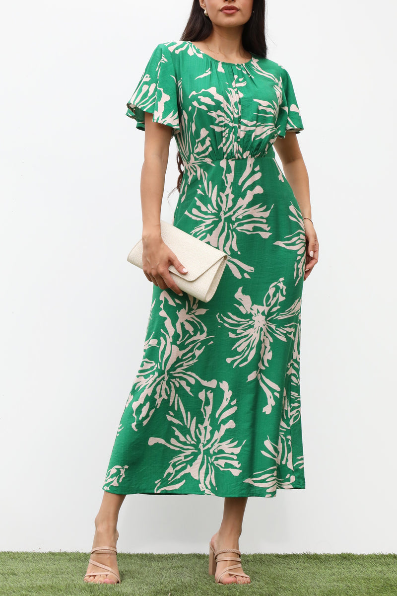 DD7323, RUCHED NECK WOVEN MIDI DRESS
