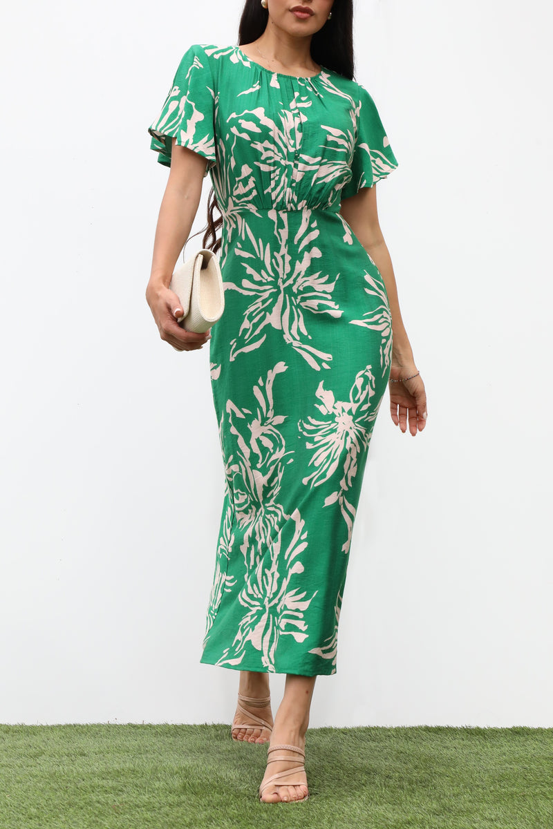 DD7323, RUCHED NECK WOVEN MIDI DRESS